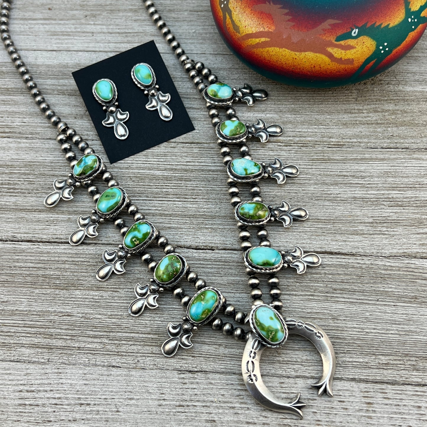 polychrome Sonoran Turquoise Small Squash Blossom Necklace, Paige Gordon Navajo earrings