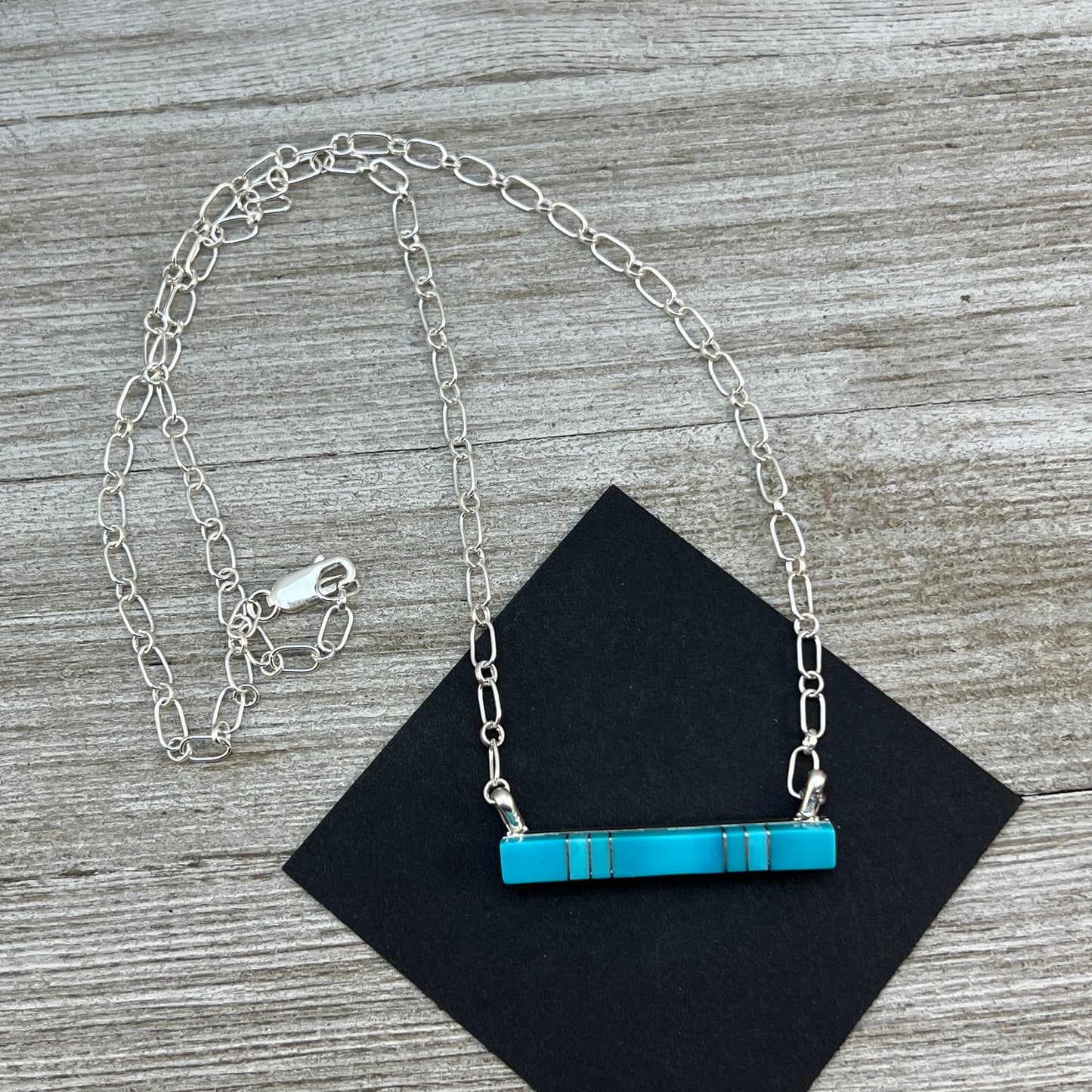20"Blue Kingman Turquoise Bar Necklace Zuni MaDerral Kallestewa sterling silver 2
