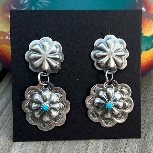 Turquoise stamped concho dangle earrings sterling silver Lavina Benally Navajo 714