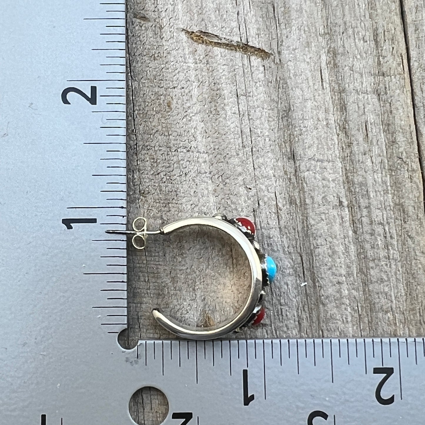 7/8" Turquoise Red Coral Hoop Earrings Navajo handmade by Paul Largo sterling silver 644