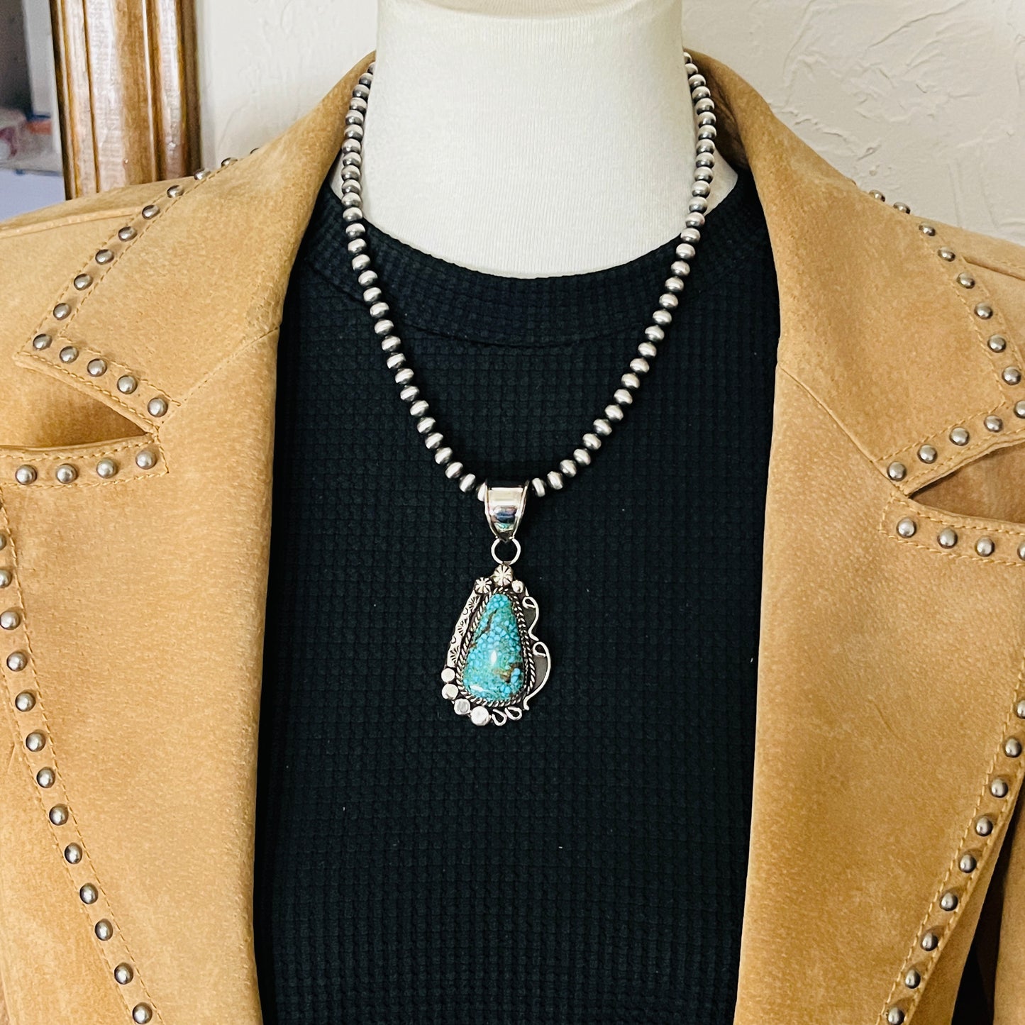 Blue Kingman Spiderweb Turquoise Pendant Navajo Sterling silver Phil Nez 857