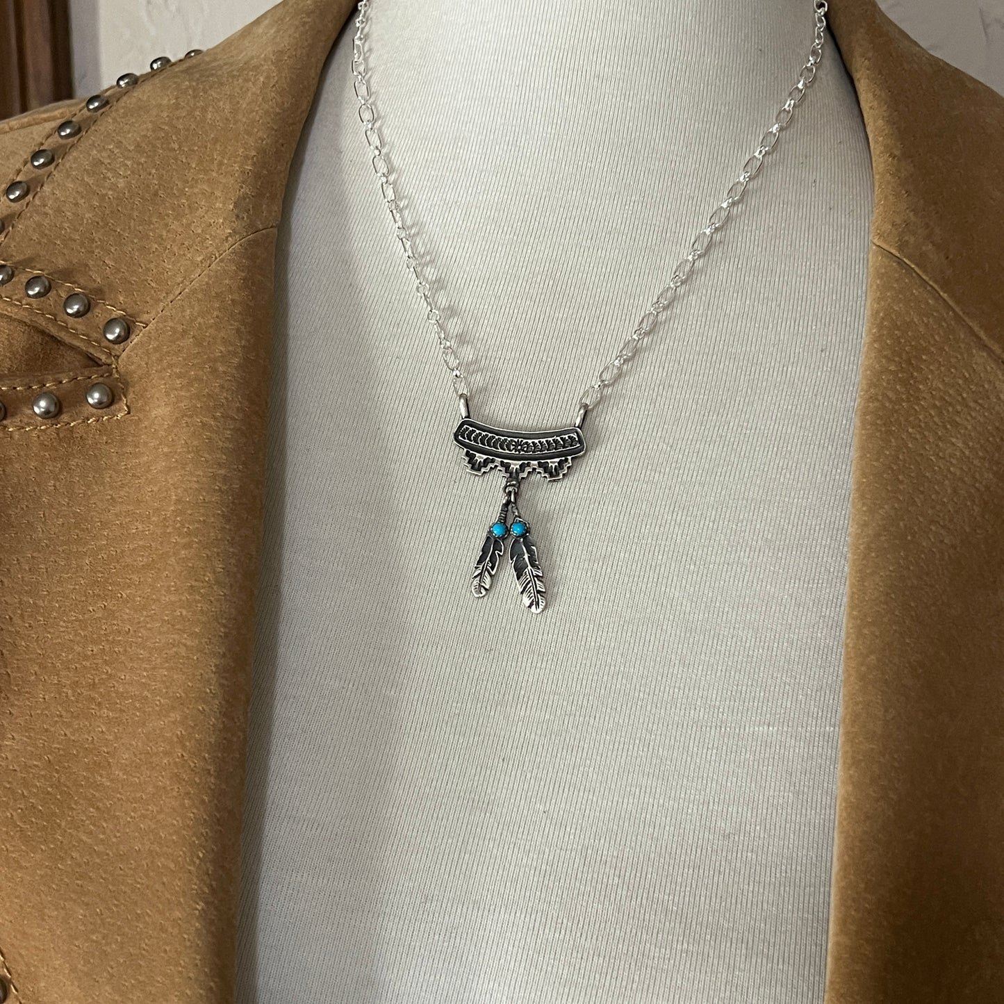 18" Feather necklace Turquoise, sterling silver, Annie Spencer