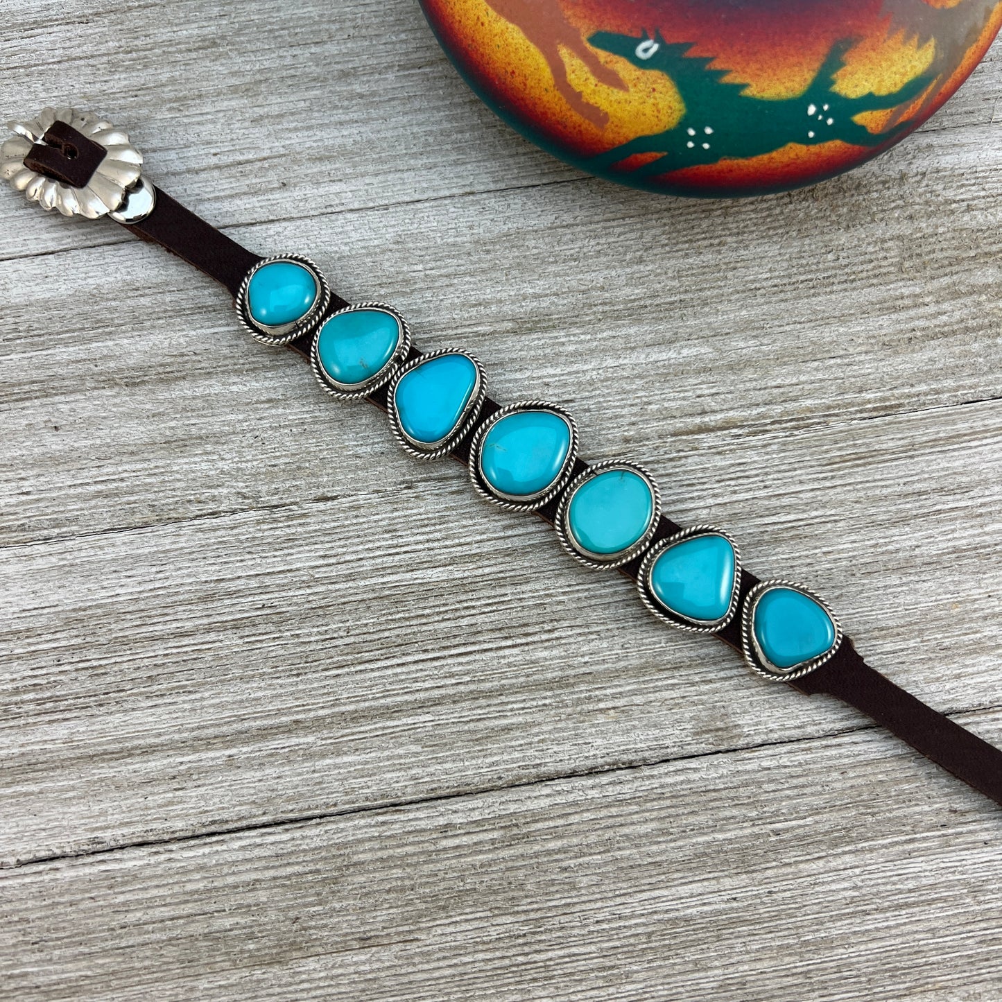 Real Turquoise leather Sterling silver bracelet #3, adjustable Navajo Marlene Ramone