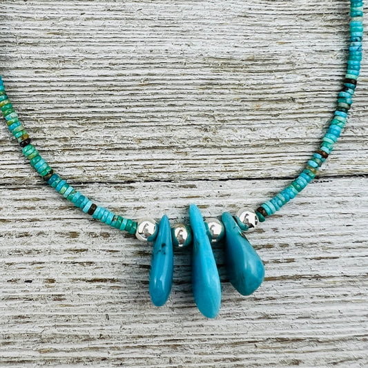 17 1/2" Blue Kingman turquoise heishi necklace with teardrop beads Doreen Jake Navajo