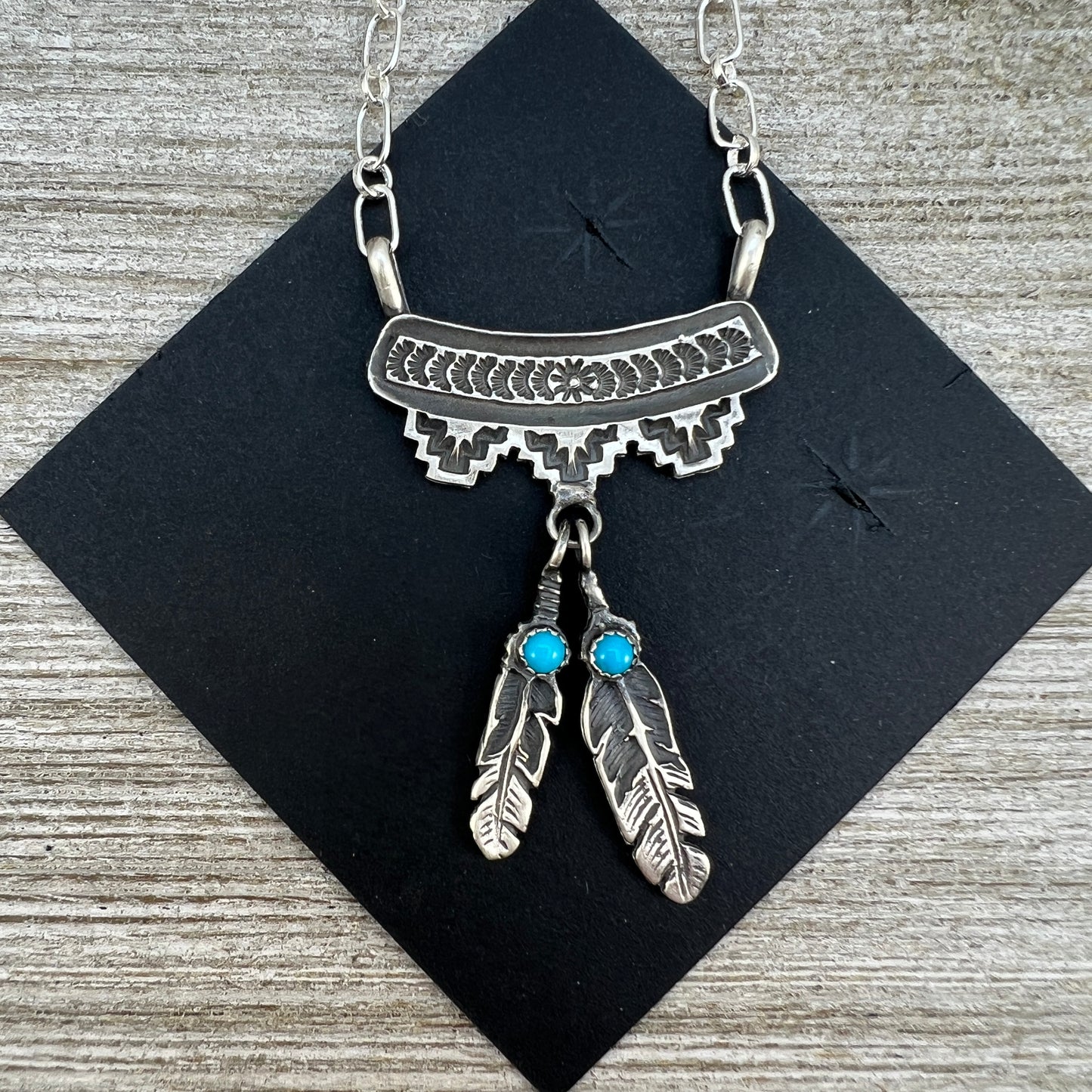 18" Feather necklace Turquoise, sterling silver, Annie Spencer