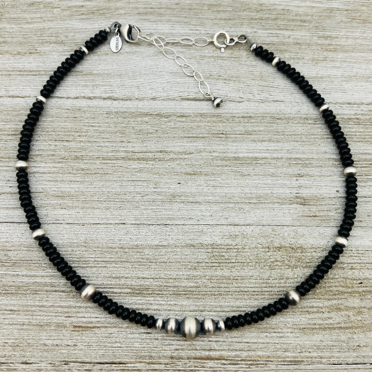 13" 14" 15" 16" 17" adjustable choker, Real Sterling Silver, oxidized, Black Onyx Bead Necklace, Western Boho Pearl