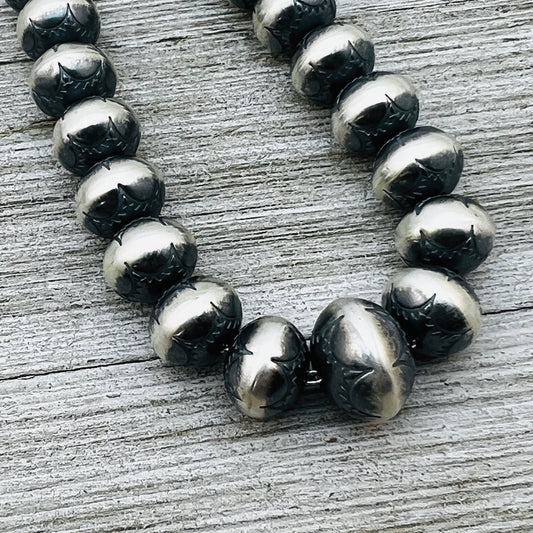 18" Sterling silver handmade Navajo Pearl Graduated stamped bead necklace Bryannen Halwood signed