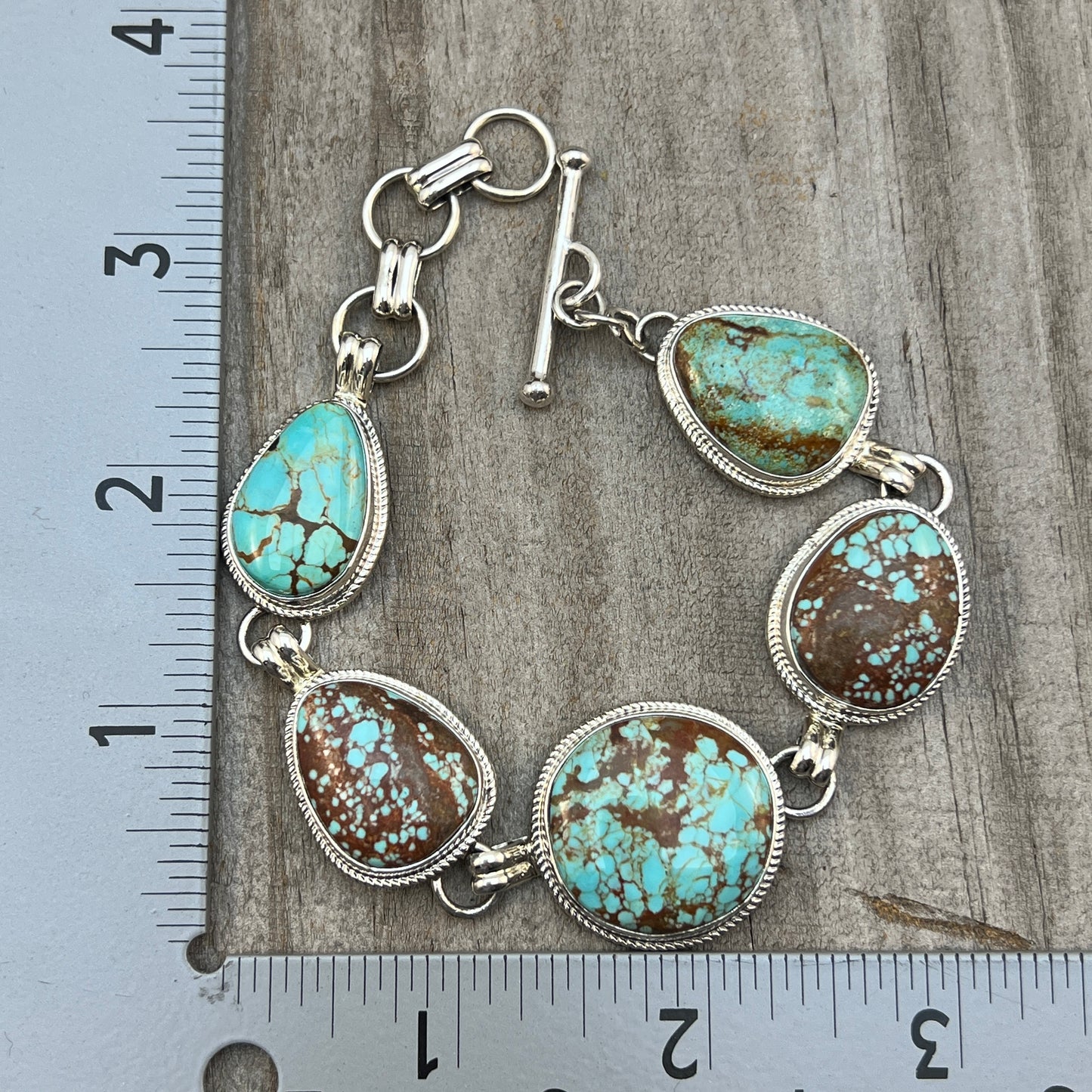 Link Bracelet #8 Turquoise, 7 5/8", 8 1/4", 8 7/8", adjustable length sterling silver Lyle Piaso