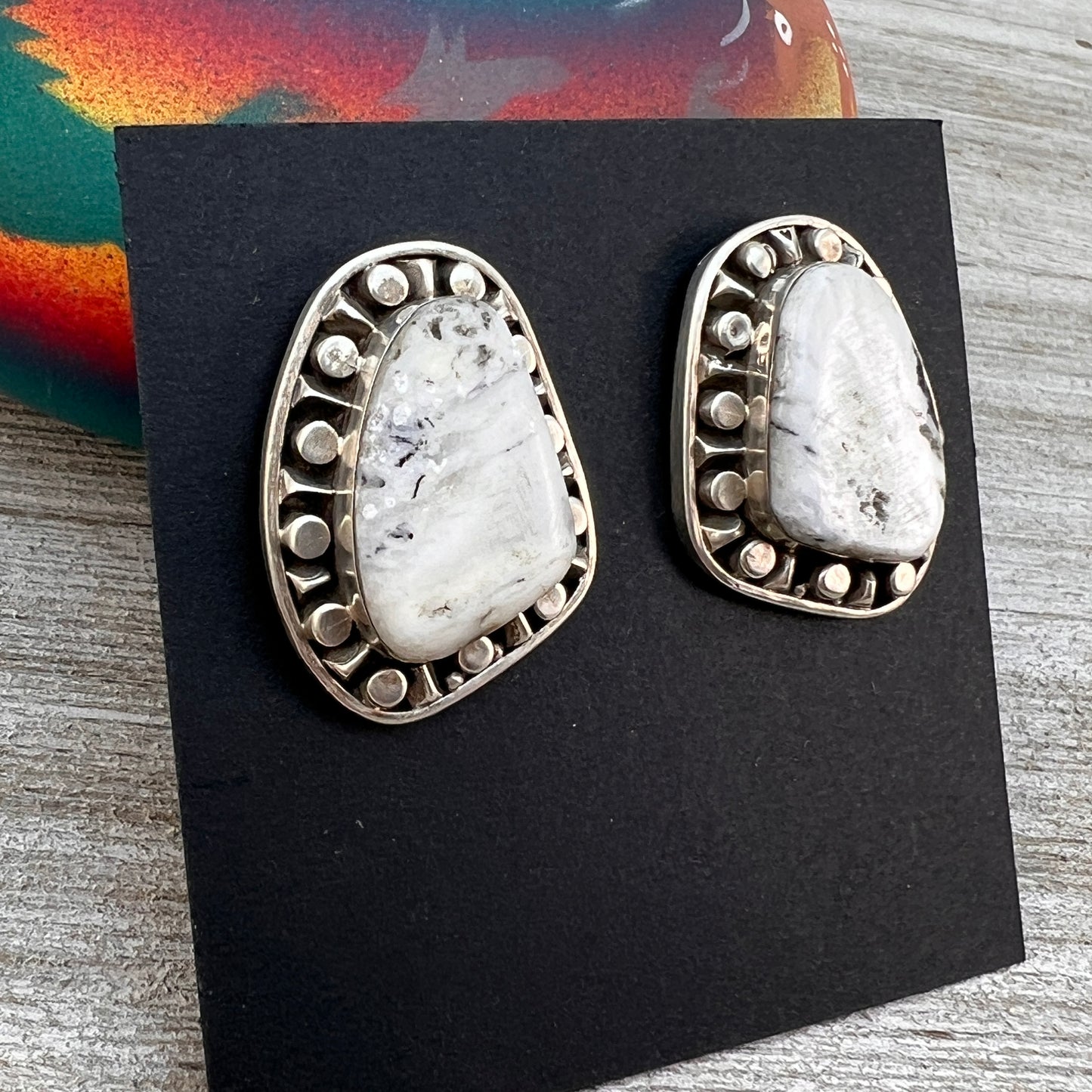 White Buffalo Stone Sterling silver post stud earrings, Navajo Sharon McCarthy