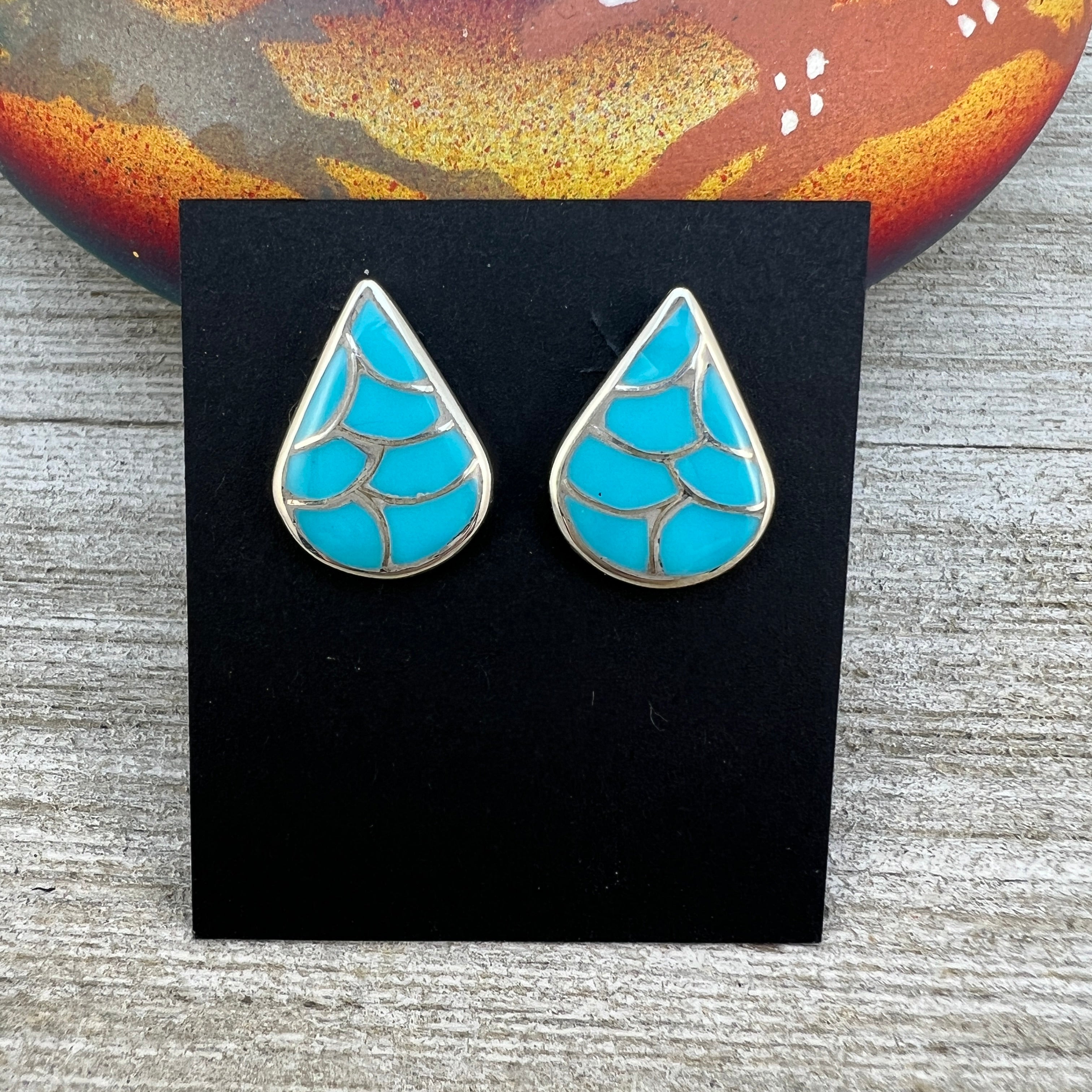 Zuni Turquoise Fish Scale Inlay Sterling Silver Post Earrings store