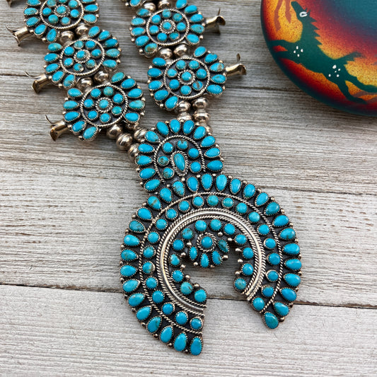 Vintage Jimmy Moses Begay Petit Point Turquoise cluster Squash Blossom Sterling silver Necklace, signed