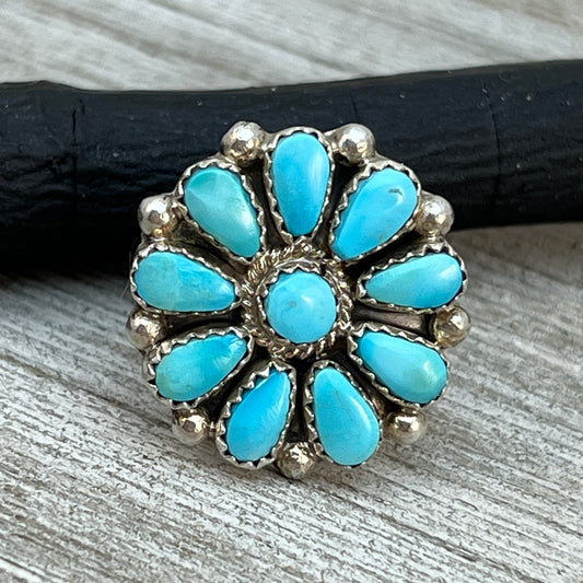 Size 6 Blue Turquoise Round Cluster Ring Navajo handmade Sterling Silver Alicia Wilson