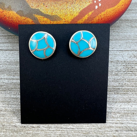 Zuni inlay turquoise fish scale design #2, small round stud earrings, sterling silver, Orena Leekya