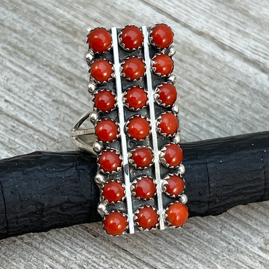 Size 7.5 Red Mediterranean Coral Zuni Snake Eye Dot Row Ring Kenny Lonjose Sterling Silver