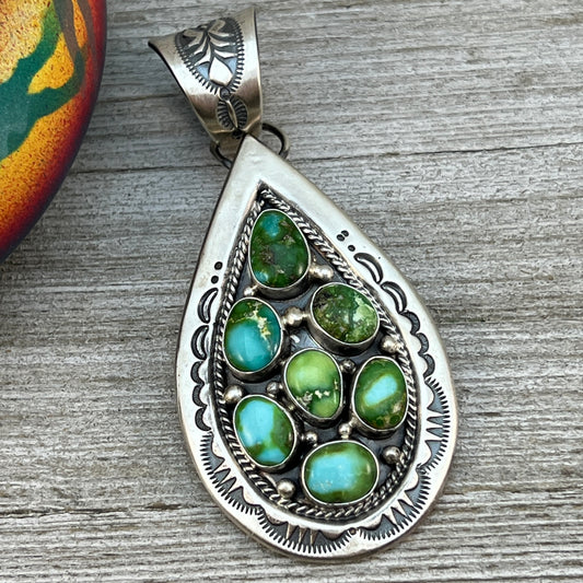 Sonoran Gold Turquoise Cluster Teardrop Pendant #3 Sterling silver Navajo Samuel Yellowhair