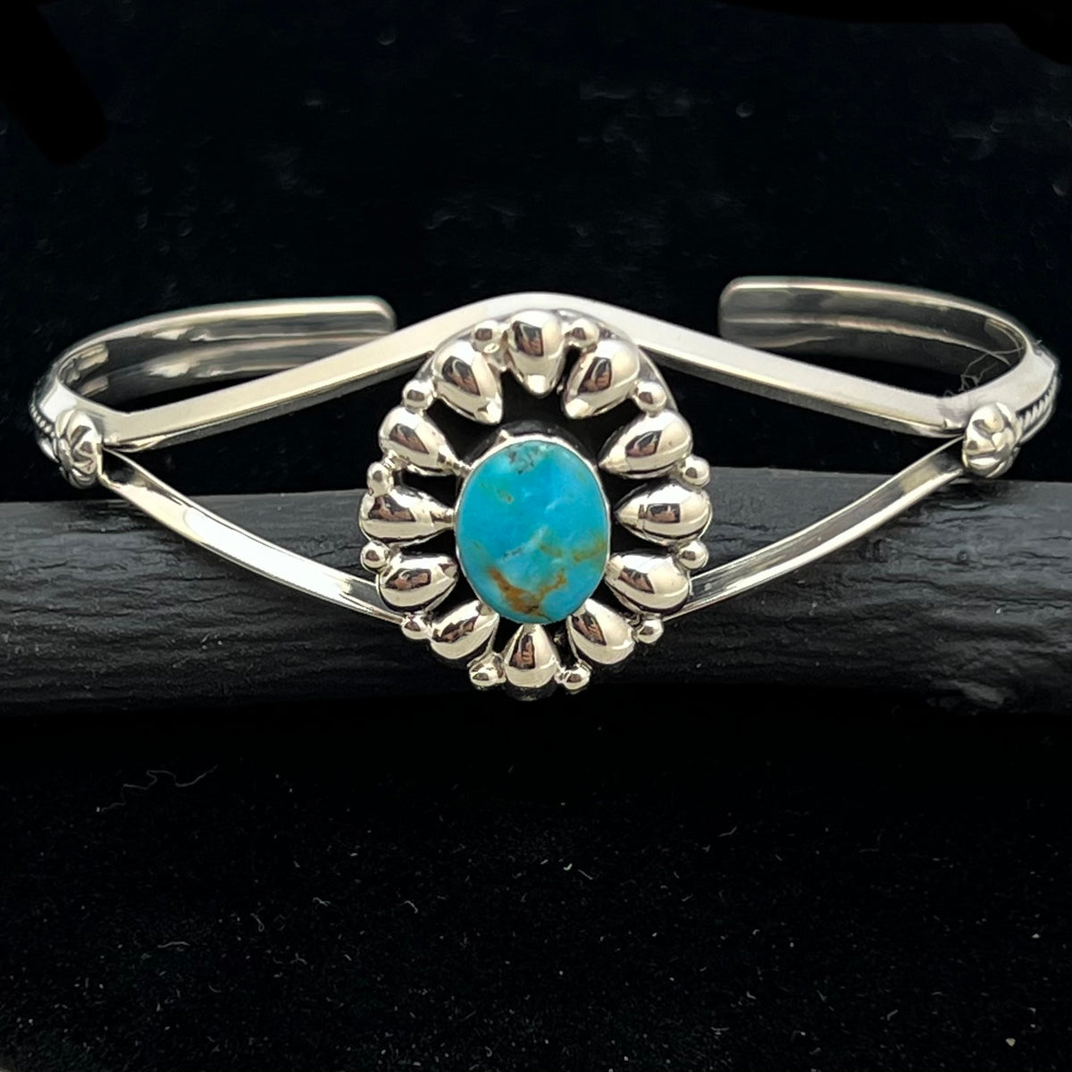 6 1/2" Stamped Navajo sterling silver turquoise cuff bracelet BR63