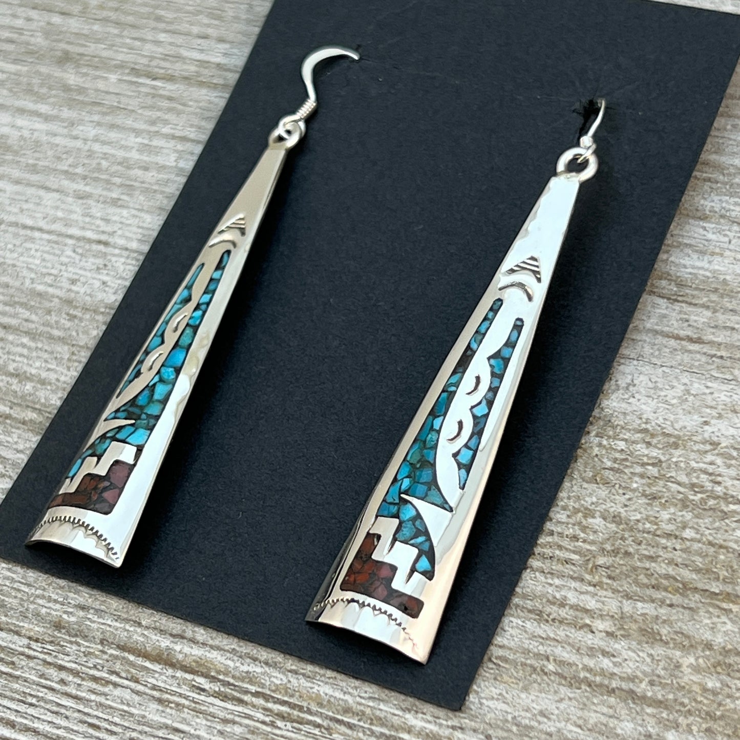 Turquoise coral chip inlay long earrings Navajo handmade signed Jolene Yazzie 2