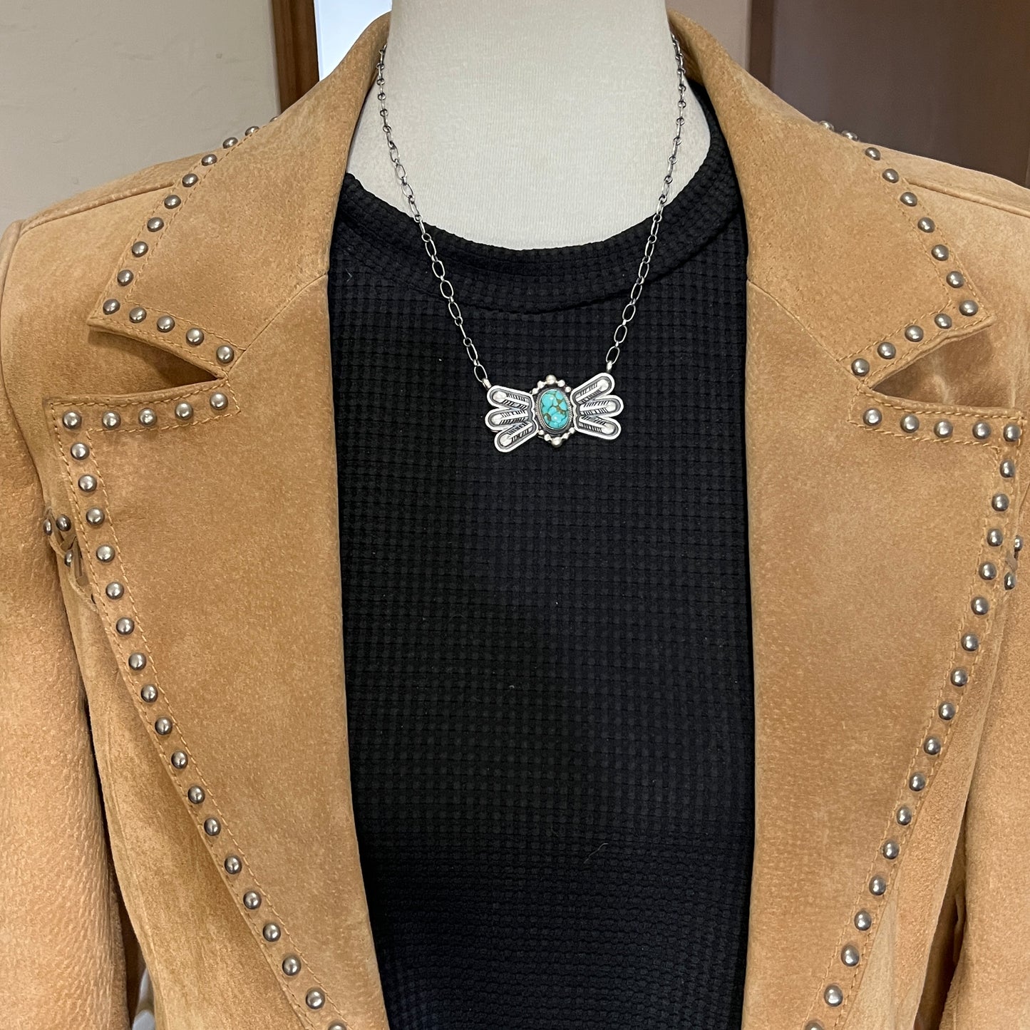 17 1/2"Sonoran Turquoise Necklace Feather sterling silver Navajo Verley Betone boho 7
