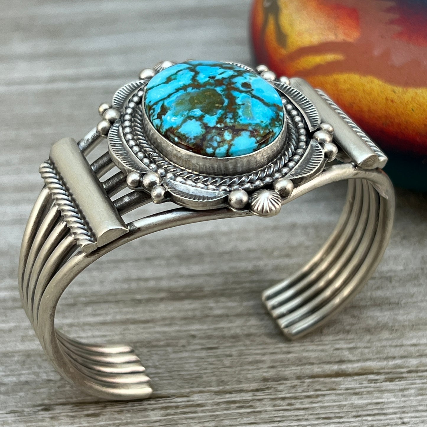 6 1/2" - 6 7/8", Kingman spiderweb turquoise, cuff bracelet #3, Navajo handmade signed, Tom Lewis sterling silver, statement