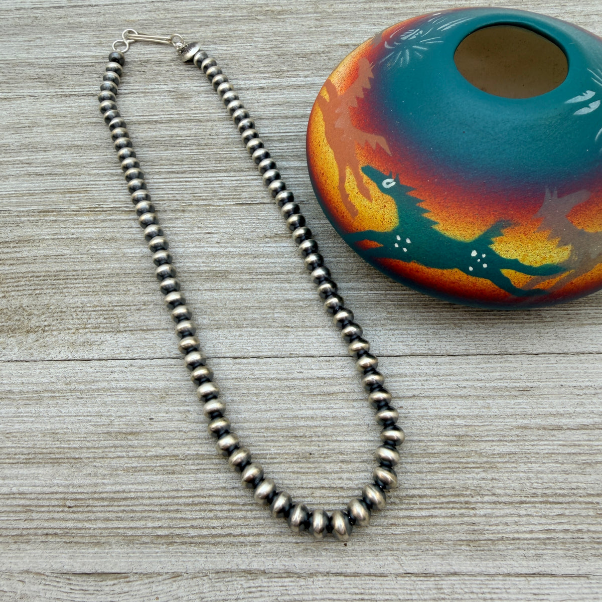 16" Sterling silver Navajo handmade 6mm oval bead Pearl necklace Bryannen Halwood