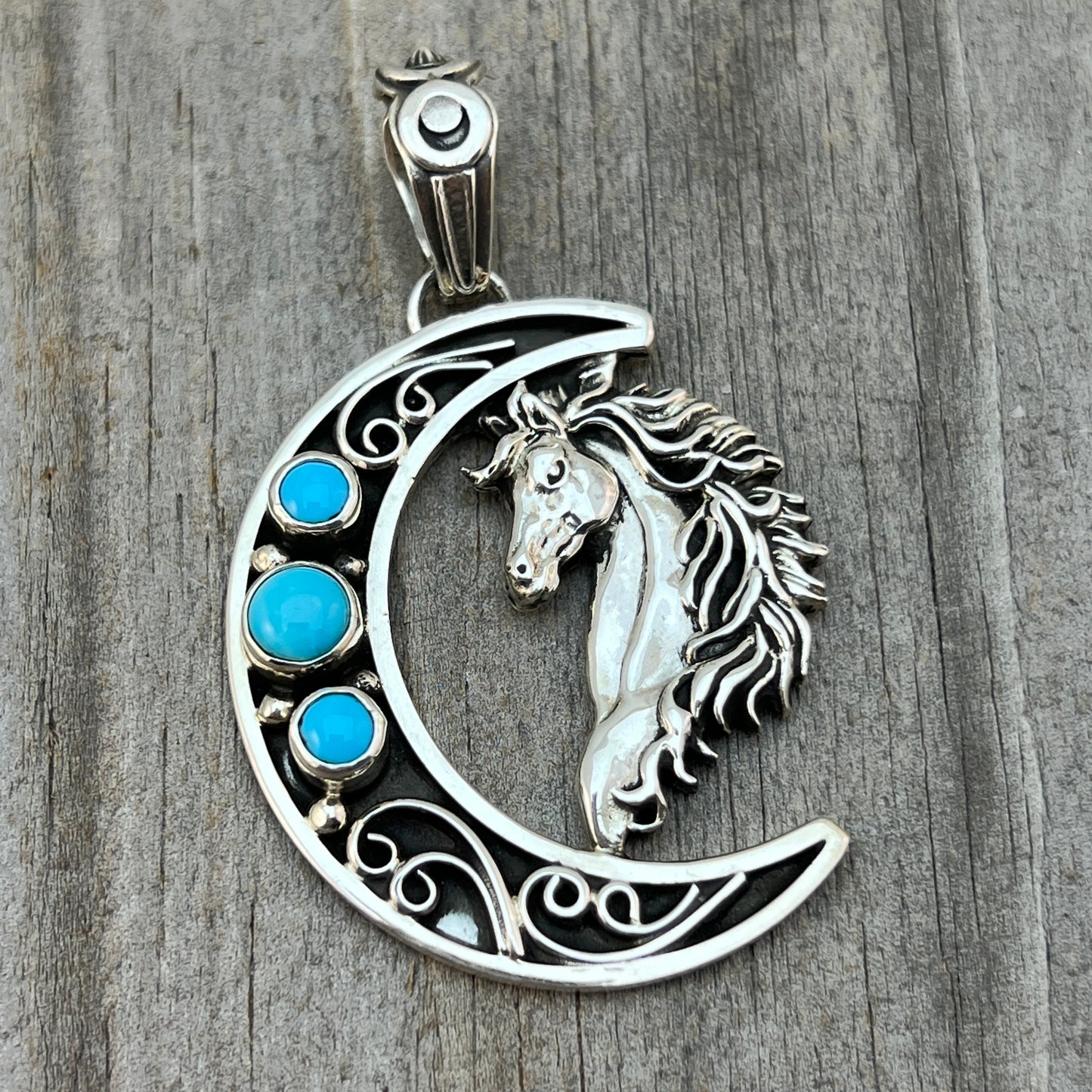 Blue turquoise horse moon pendant sterling silver Jennifer Cayaditto Navajo 818
