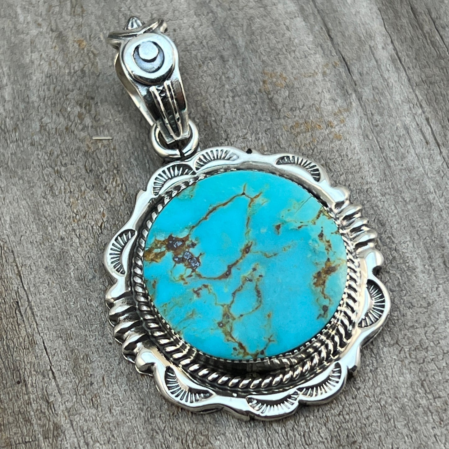 Kingman Turquoise Pendant Sterling silver Navajo handmade Jeremy Delgarito 550