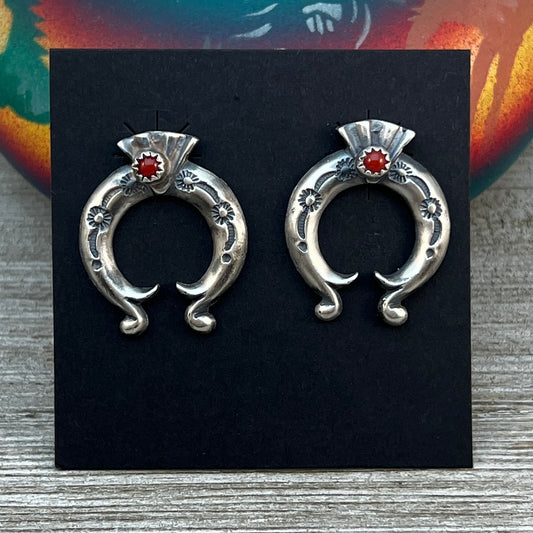 Red Mediterranean Coral Naja stud Earrings Navajo Adrienne Gordan Sterling Silver 3