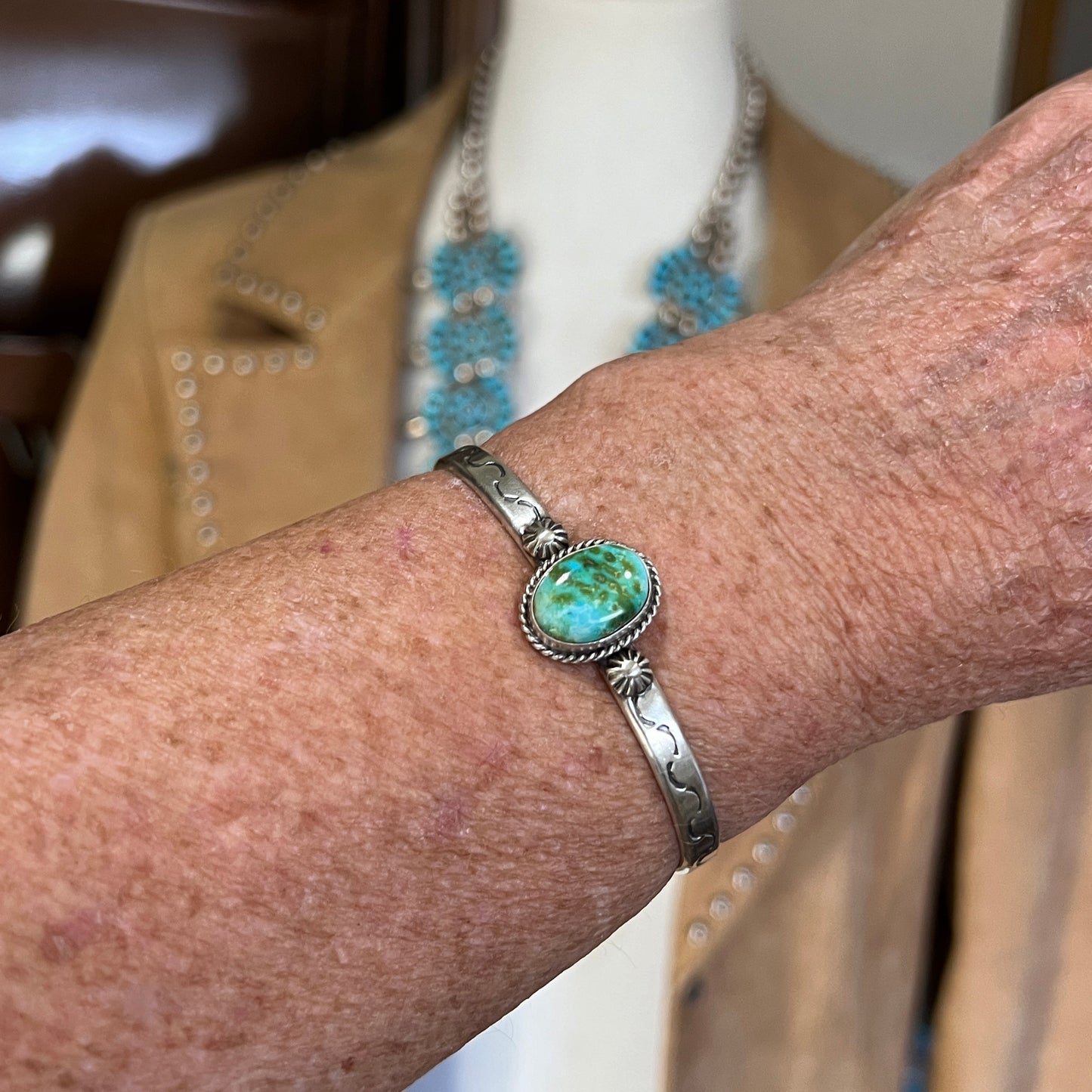 6 1/2" Green Sonoran Turquoise stacker Cuff bracelet 5, Sterling Silver Samuel Yellowhair BOHO