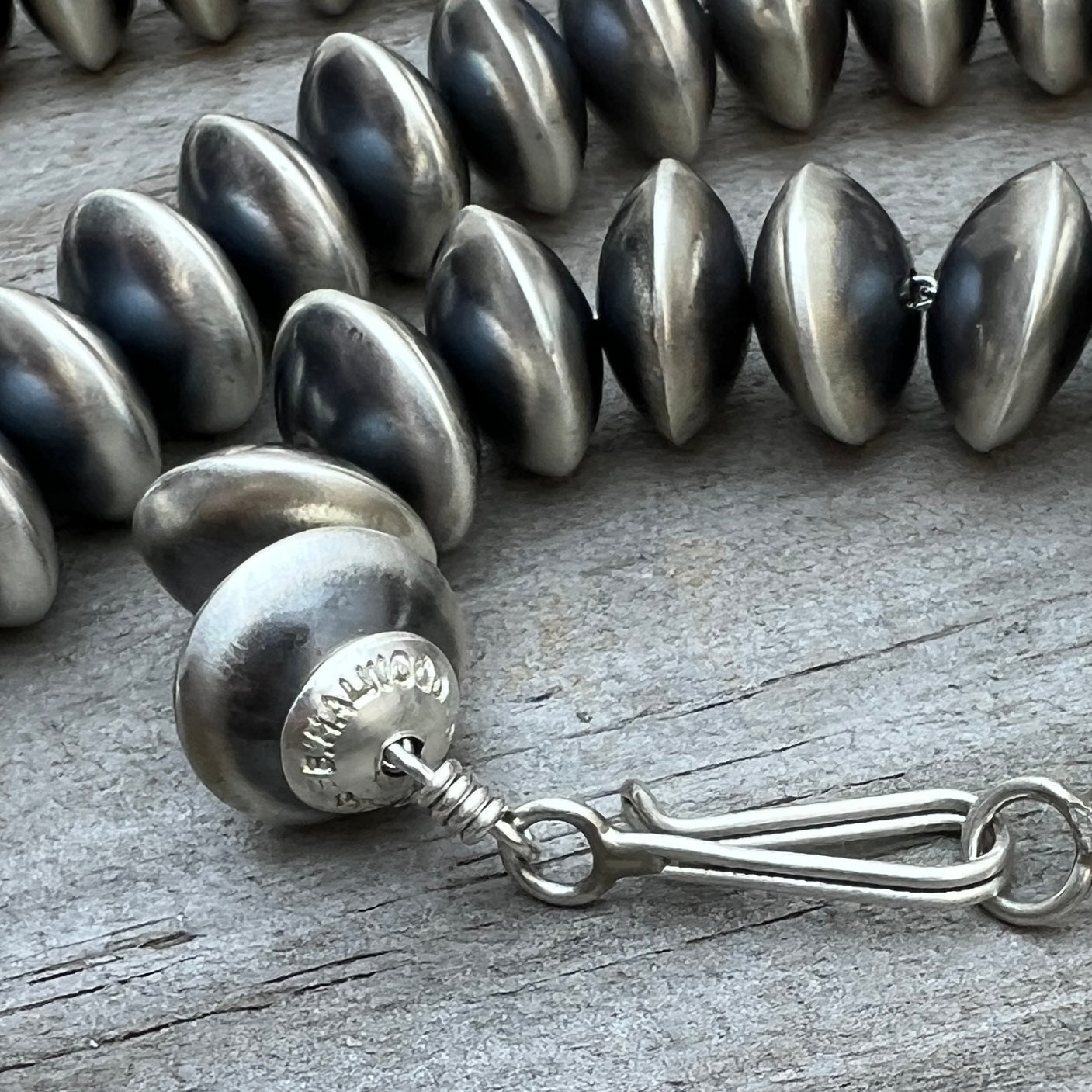 24" Navajo Handmade Sterling Silver Pearl Saucer Bead Necklace Bryannen Halwood Signed