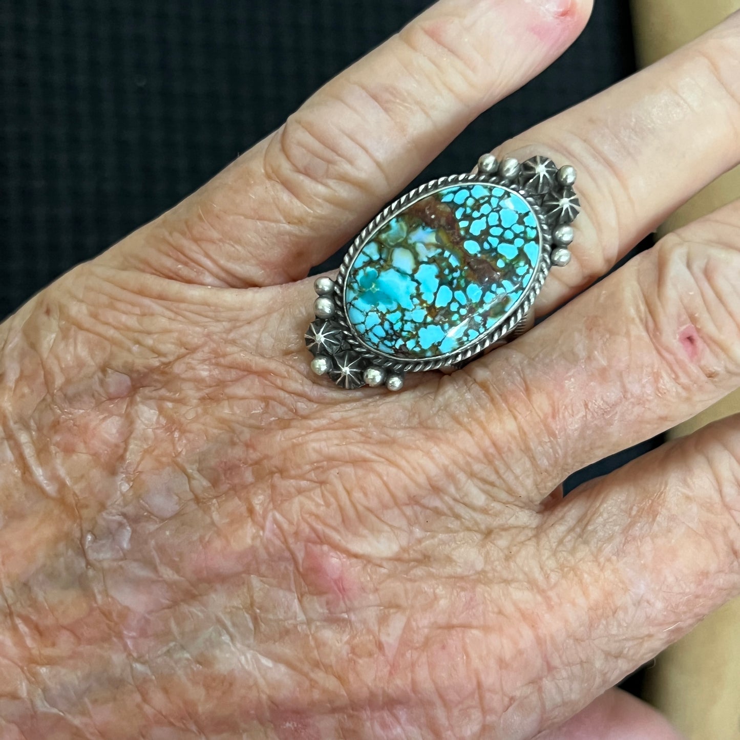 Size 8.5 Spiderweb Kingman Turquoise Ring Navajo handmade Samuel Yellowhair