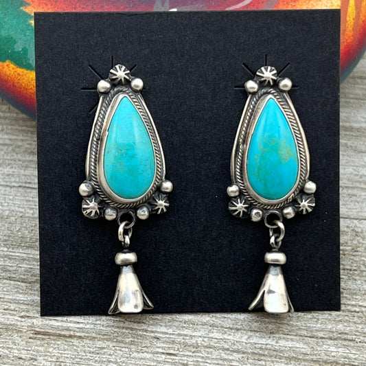 Sonoran Turquoise Navajo Squash Blossom Earrings Bobby Johnson signed Sterling silver ER4