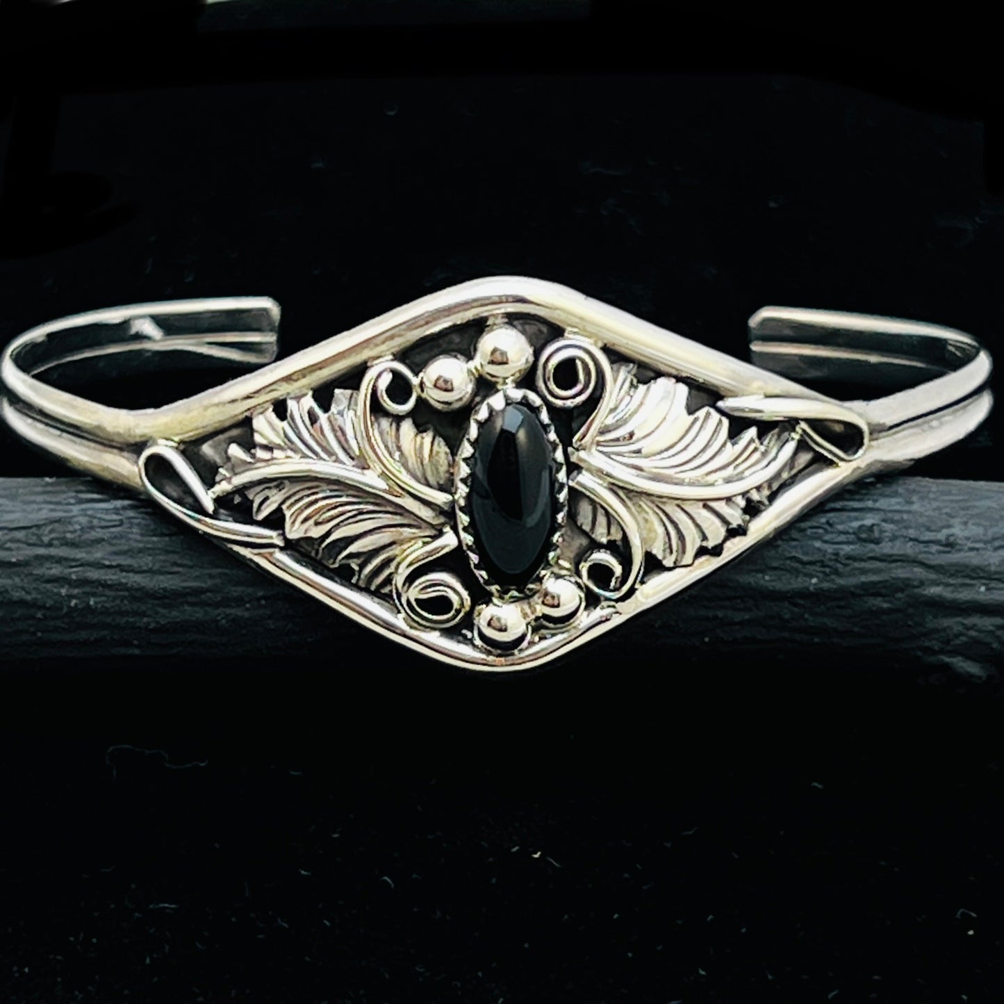 6 1/2" Stamped Navajo sterling silver Black Onyx cuff bracelet Harry Yazzie BR64