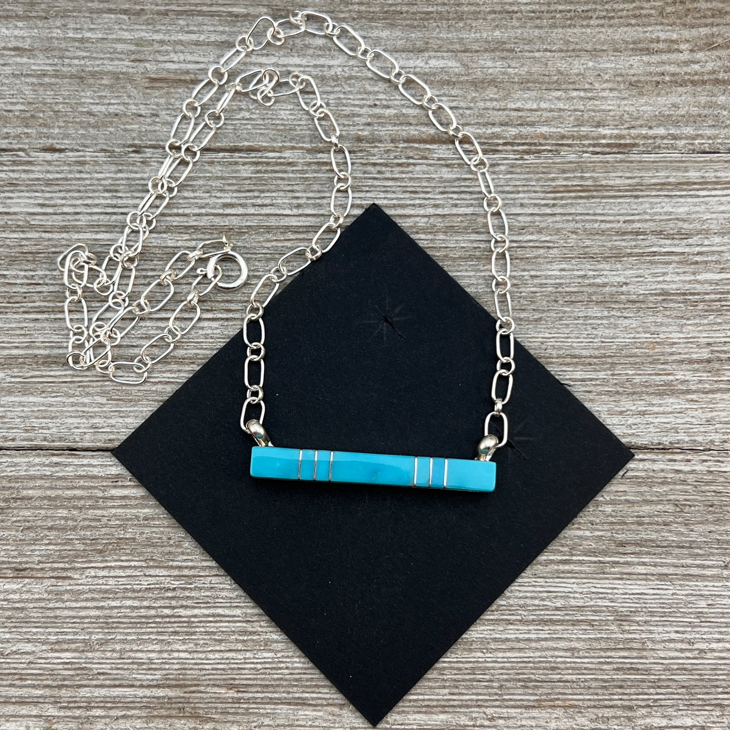 Blue Kingman Turquoise Bar Necklace 1, Zuni MaDerral Kallestewa sterling silver 18 1/2"