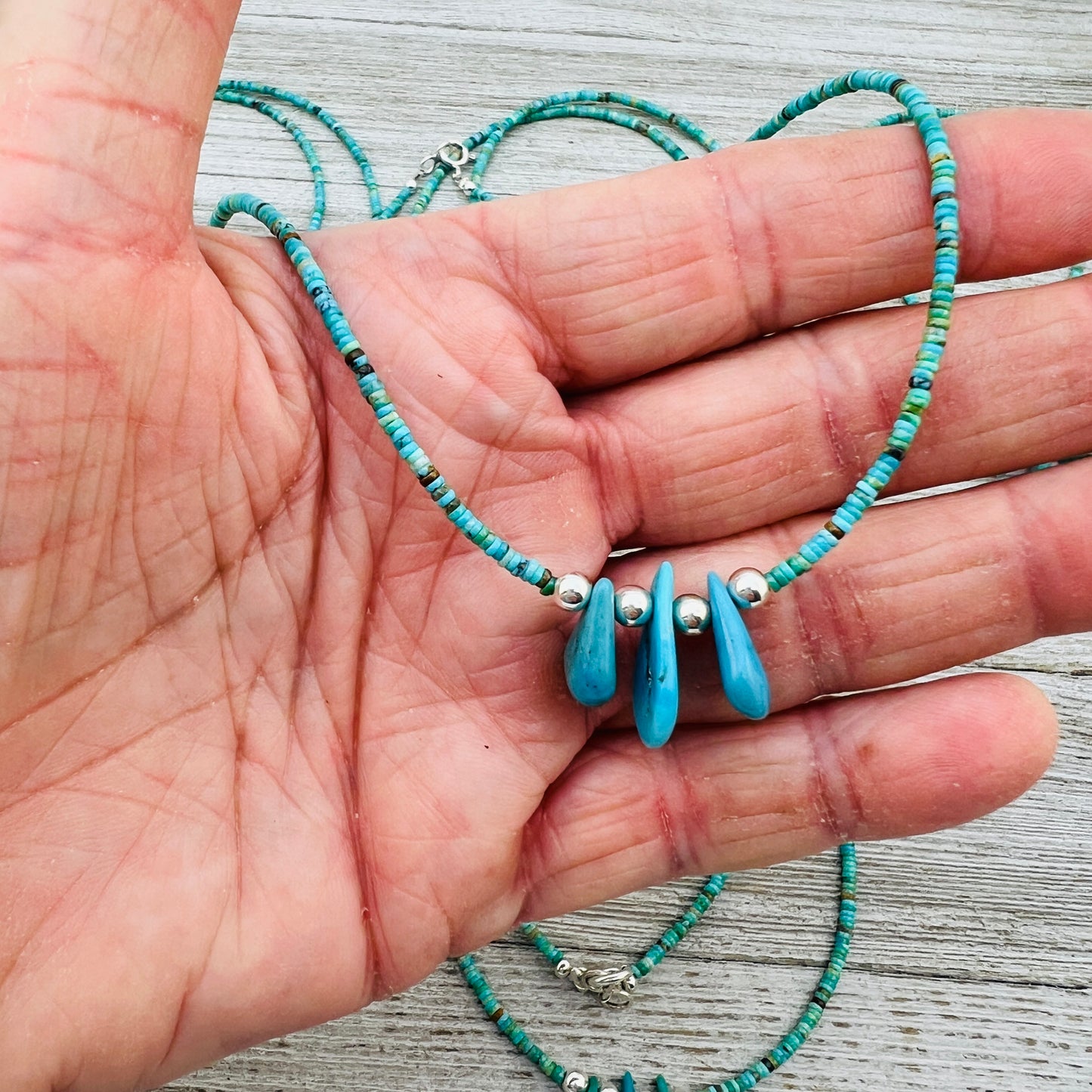 17 1/2" Blue Kingman turquoise heishi necklace with teardrop beads Doreen Jake Navajo