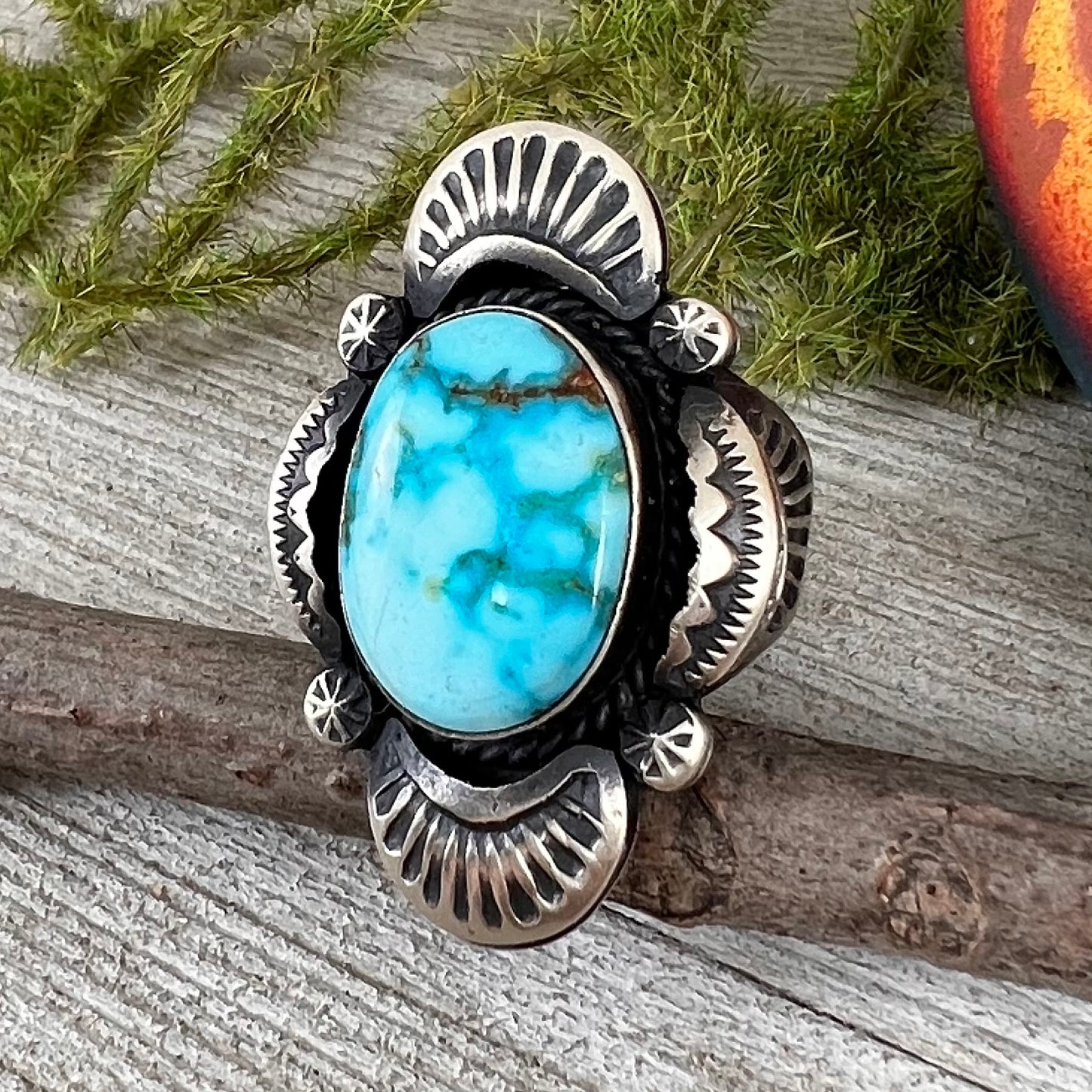 Size 7.25 Beautiful High Grade, Blue, Kingman spiderweb Turquoise ring, Heavy handmade by Navajo artist, Gilbert Tom, signed,