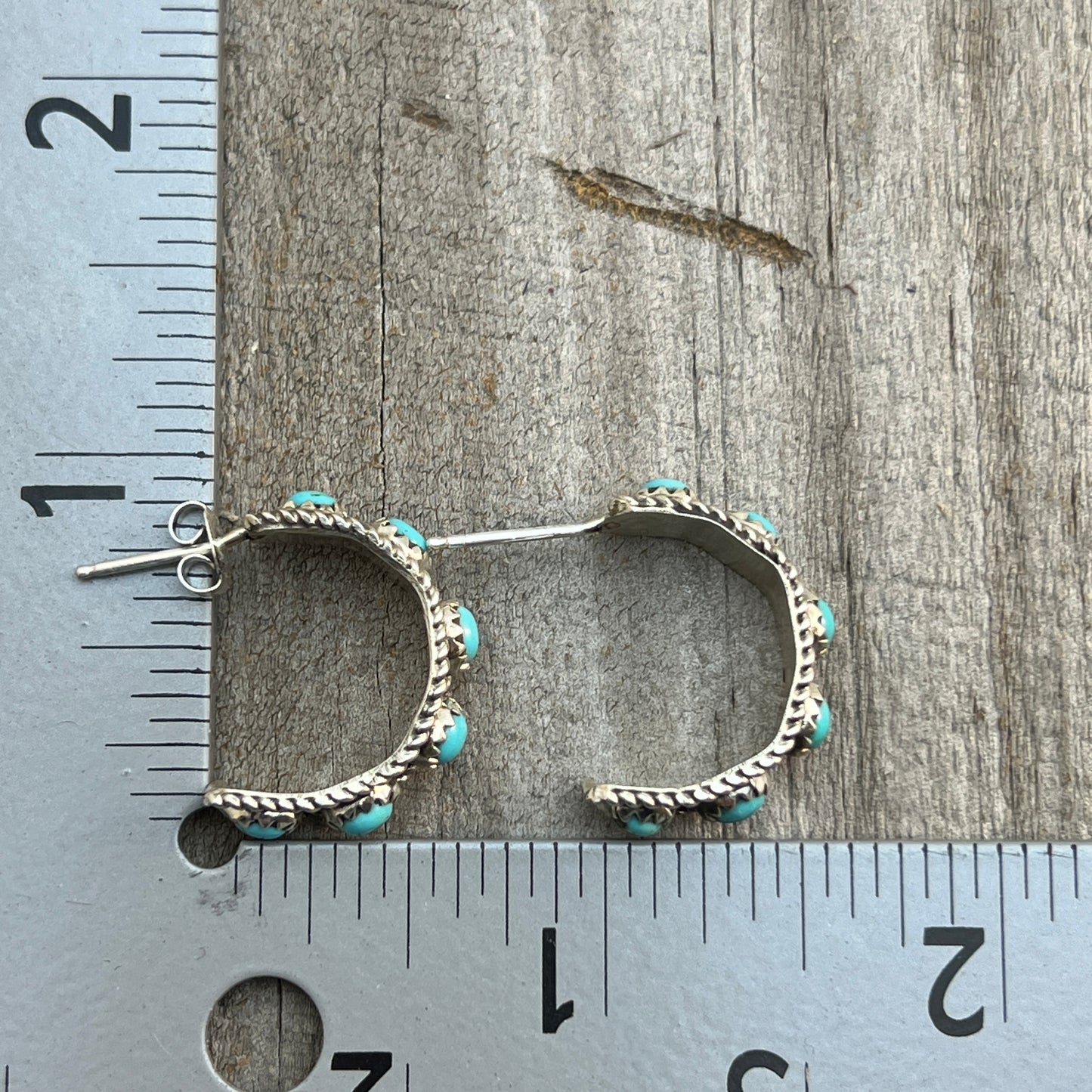 Turquoise snake eye dot 3/4" hoop earrings sterling silver Falencia Yazzie Navajo handmade