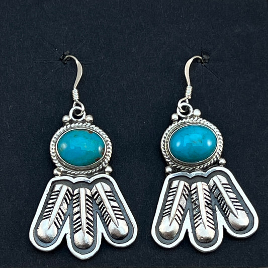 Turquoise feather dangle earrings sterling silver Navajo Sharon McCarthy 453