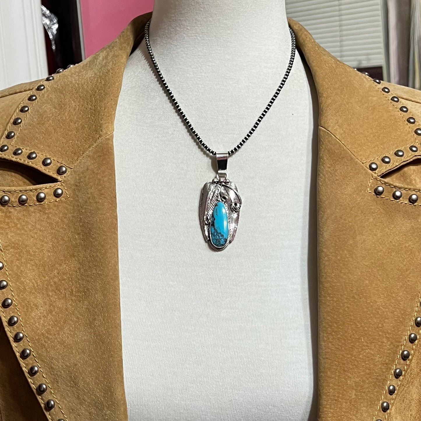 Blue Kingman turquoise with matrix pendant #2, Navajo handmade Davey Morgan, sterling silver