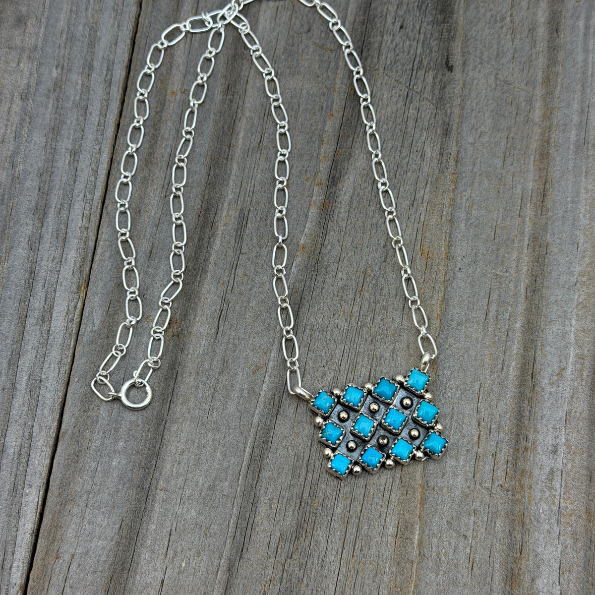 18 1/2" Turquoise Square Station Necklace Navajo Sterling Silver Verley Betone 1