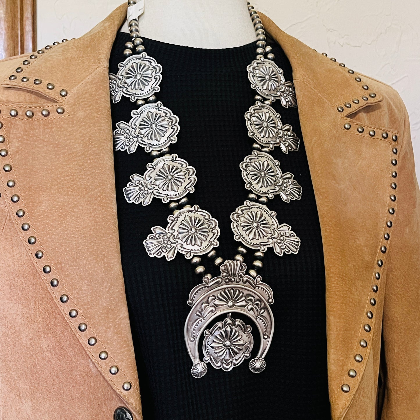 Large all silver Terry Charlie Squash Blossom Necklace Stamped repousse Navajo handmade NK1