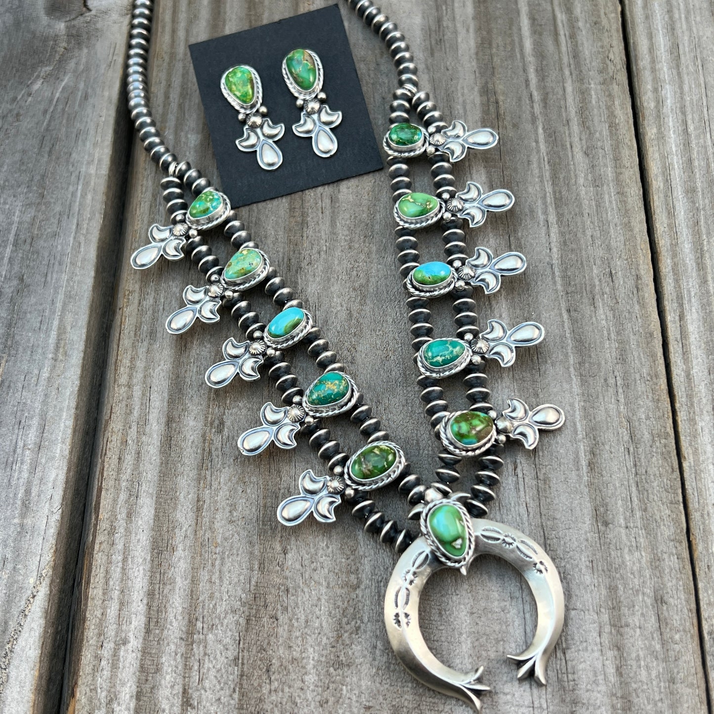 Sonoran Green Turquoise Small Squash Blossom Necklace Adrienne Gordon Navajo 516
