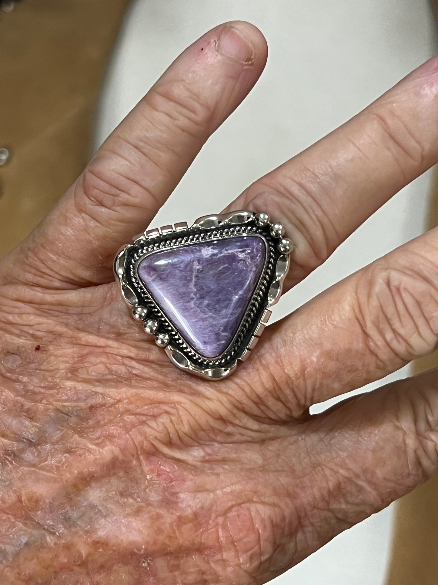 Size 8 3/4” Charoite sterling silver handmade ring #14 Navajo Samuel Yellowhair