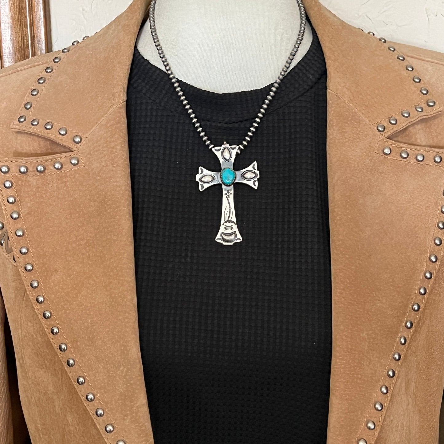 Turquoise Cross Pendant Sterling Silver Navajo handmade Martha Cayatineto 631