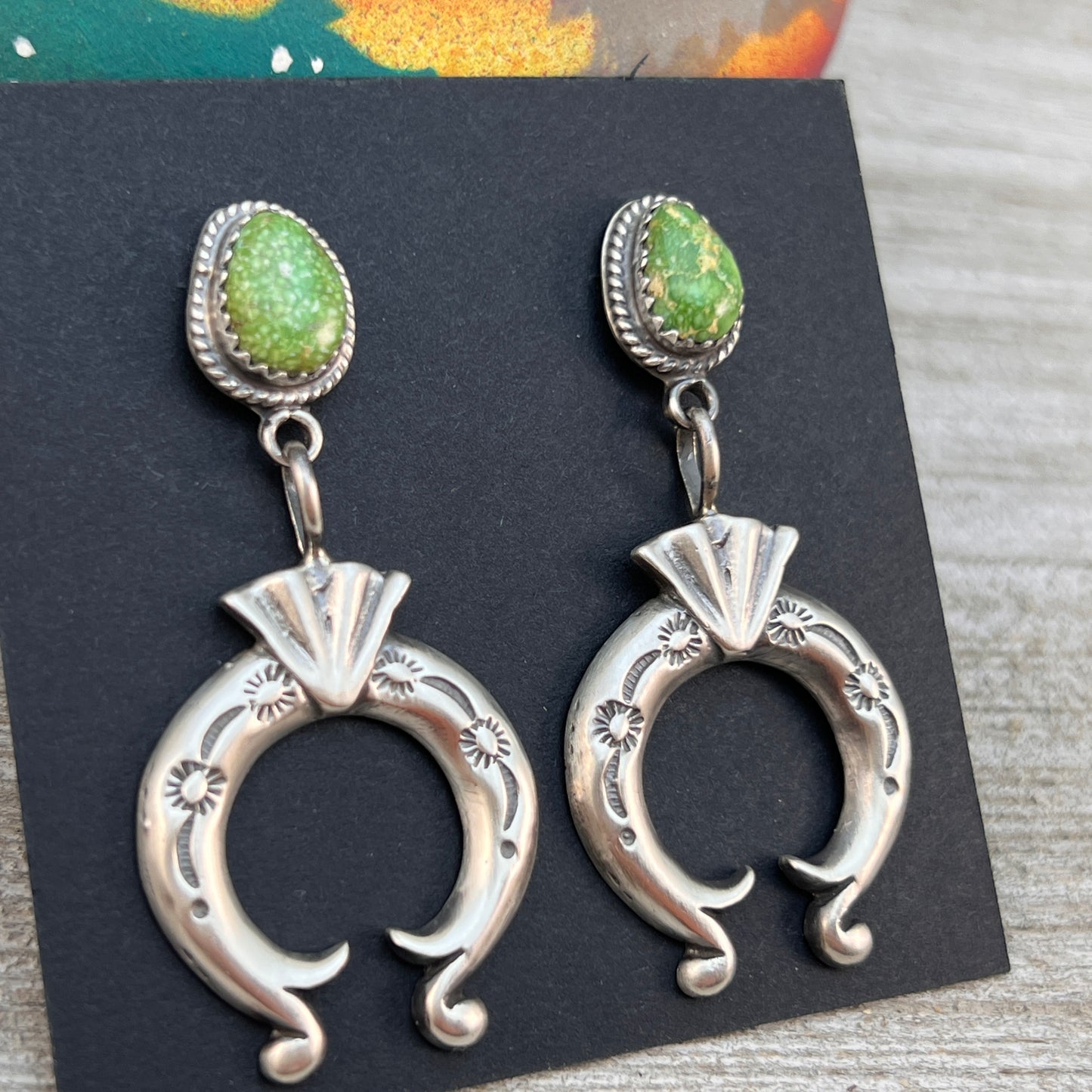 Green Sonoran Turquoise Naja Earrings 5, Navajo Paige Gordon Sterling Silver