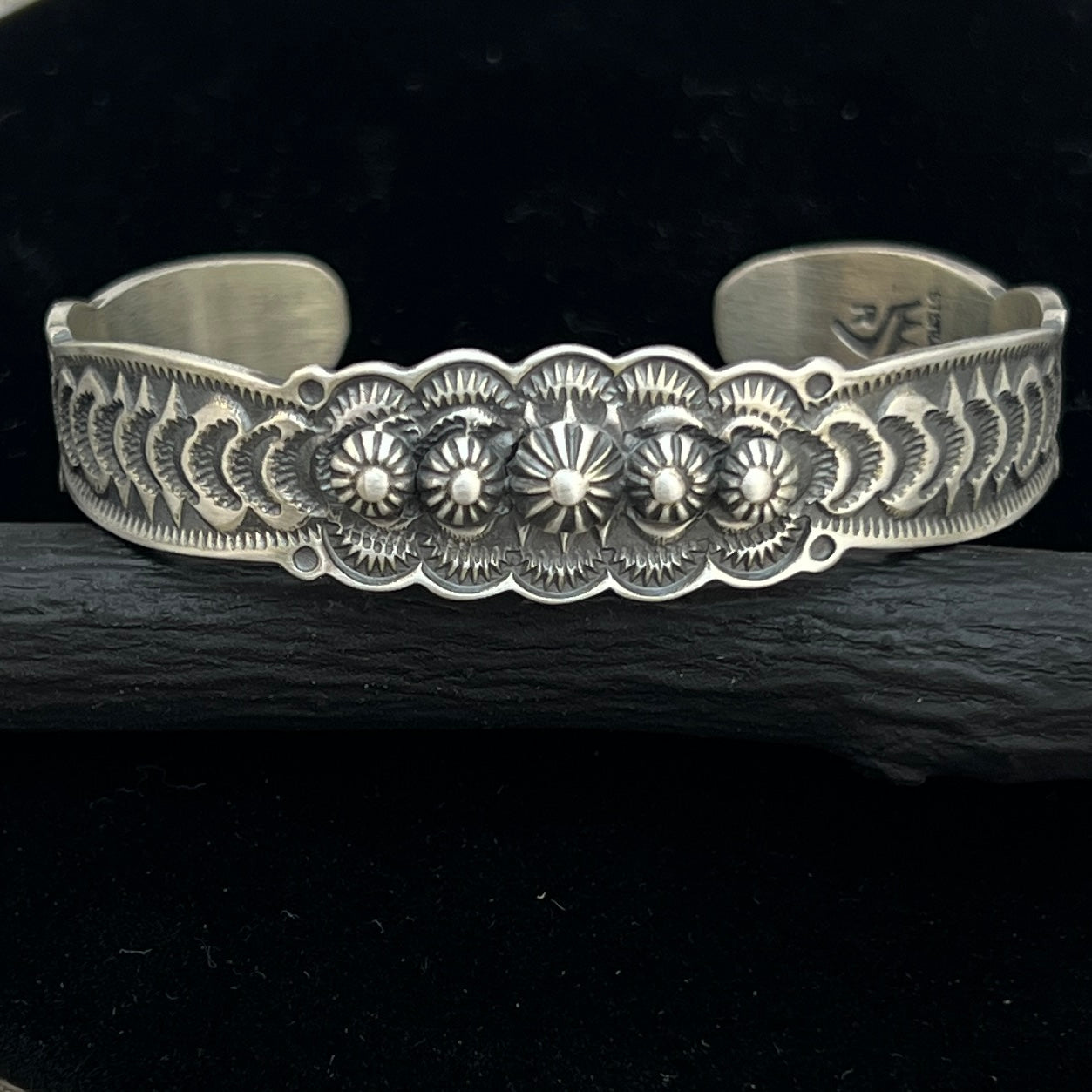 6 1/4" Stamped Navajo sterling silver cuff bracelet buttons signed Benny Ramone BR59