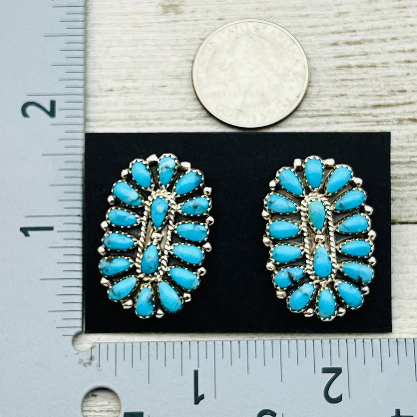 Turquoise Petit Point Oval Cluster Earrings Gerald Mitchell signed Sterling silver ER2