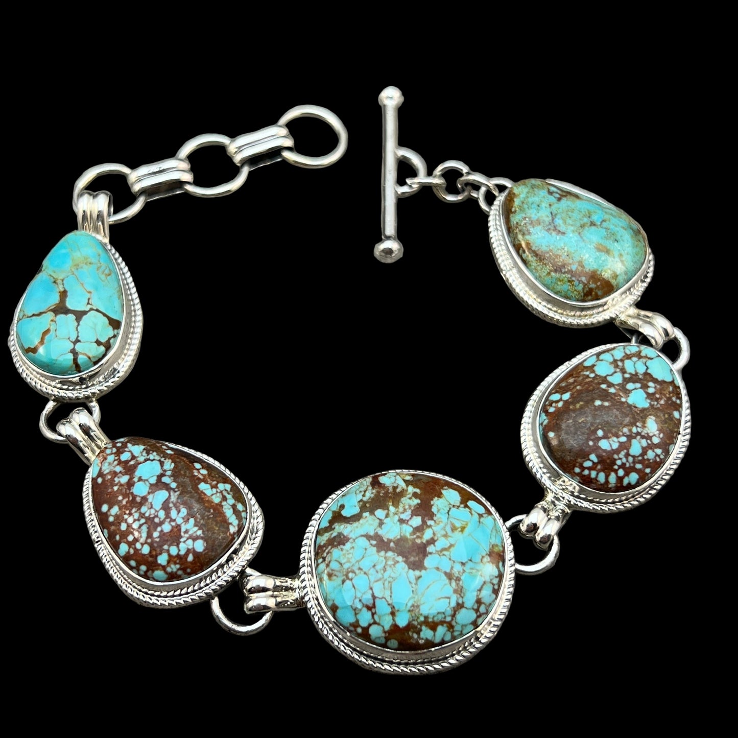 Link Bracelet #8 Turquoise, 7 5/8", 8 1/4", 8 7/8", adjustable length sterling silver Lyle Piaso