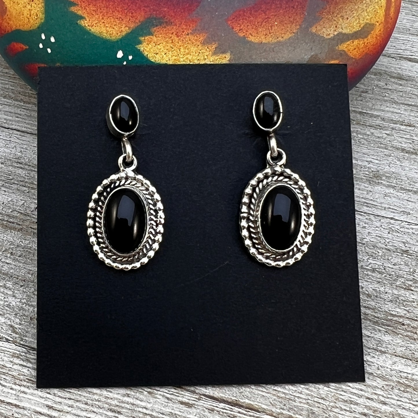 Modern Black Onyx post drop earrings, sterling silver Navajo, Verley Betone