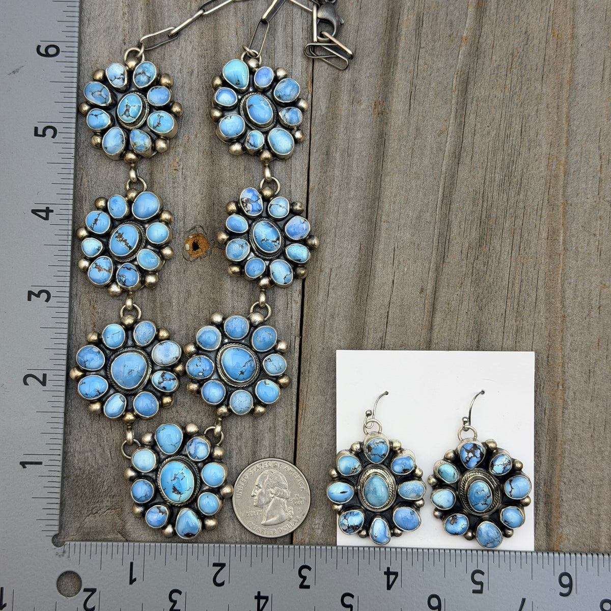 Golden Hills Cluster necklace earrings set Sterling silver Kathleen Livingston Navajo