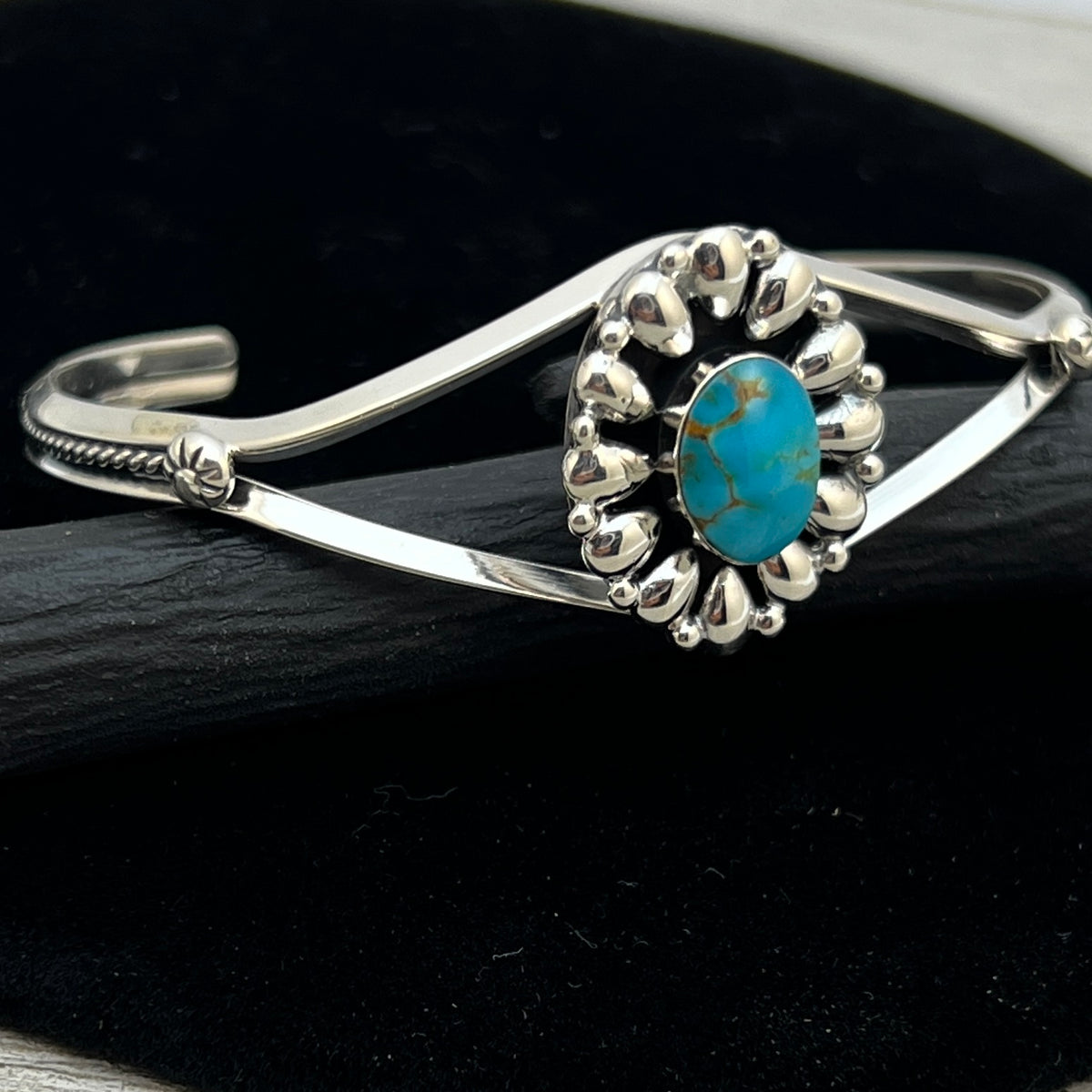 6 1/2" Stamped Navajo sterling silver turquoise cuff bracelet BR60